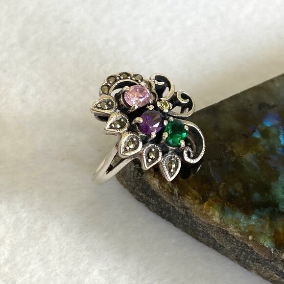 Sterling Silver 925 Multi Colored CZ Marcasite Floral Flower Cluster Ring Sz 8 - Picture 6 of 16